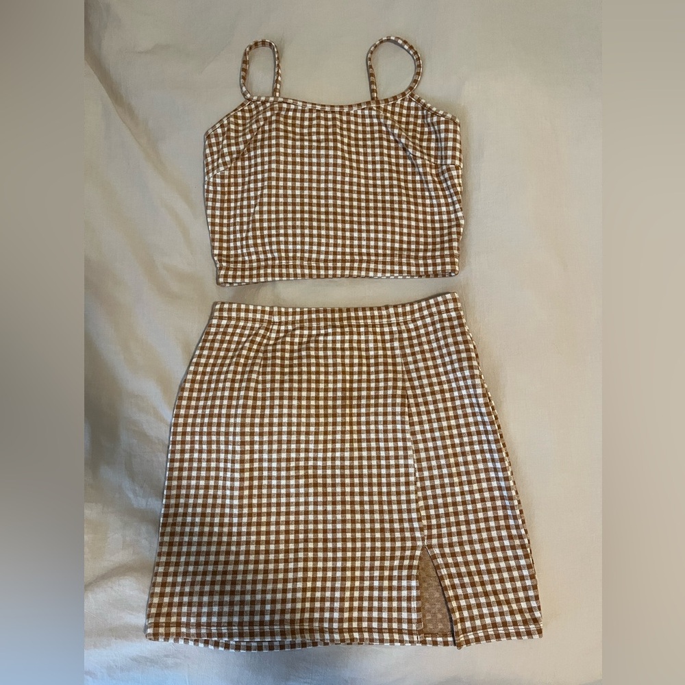 Light Brown Checkered Two Piece with Tank Top and Skirt